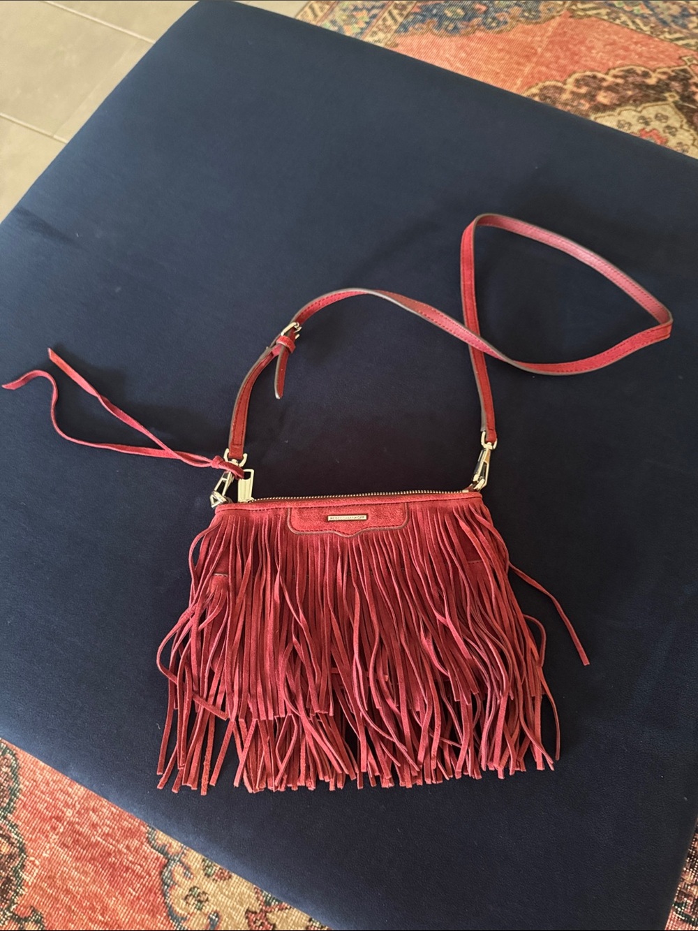 Rebecca Minkoff Fringed reddish maroon 9”x6” Crossbody Bag with Adjustable Strap